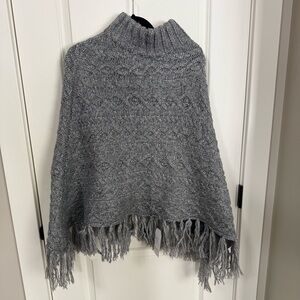 Gray Cable Knit Turtleneck Sweater Poncho